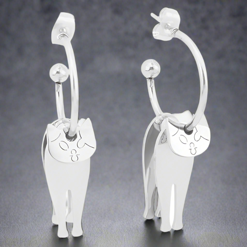 Movable Silver Cat Earrings | Stainless Steel Studs | Cute Cat Lover Jewelry